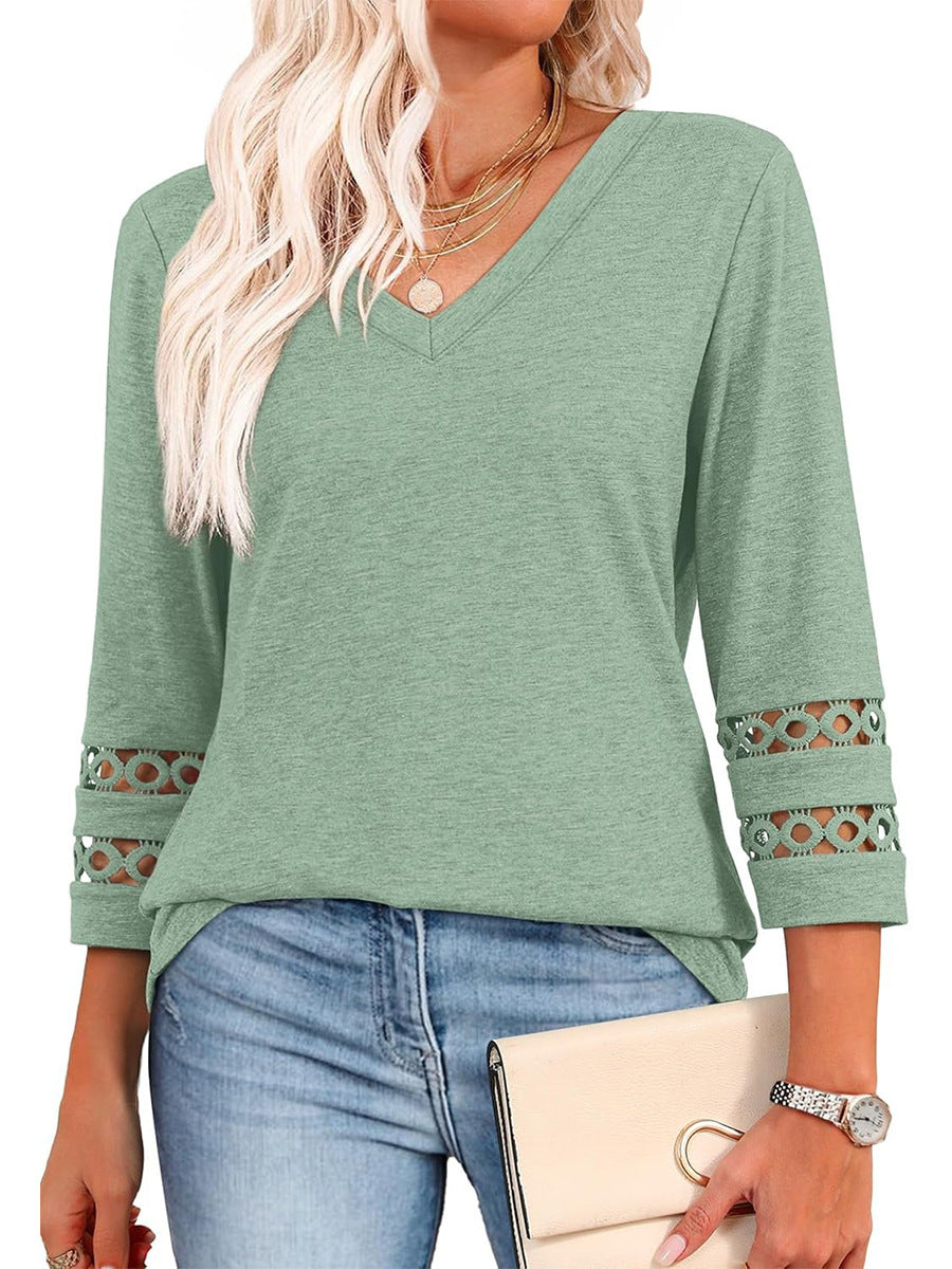 Crochet Sleeve Trim V Neck Shirt - LightGreen