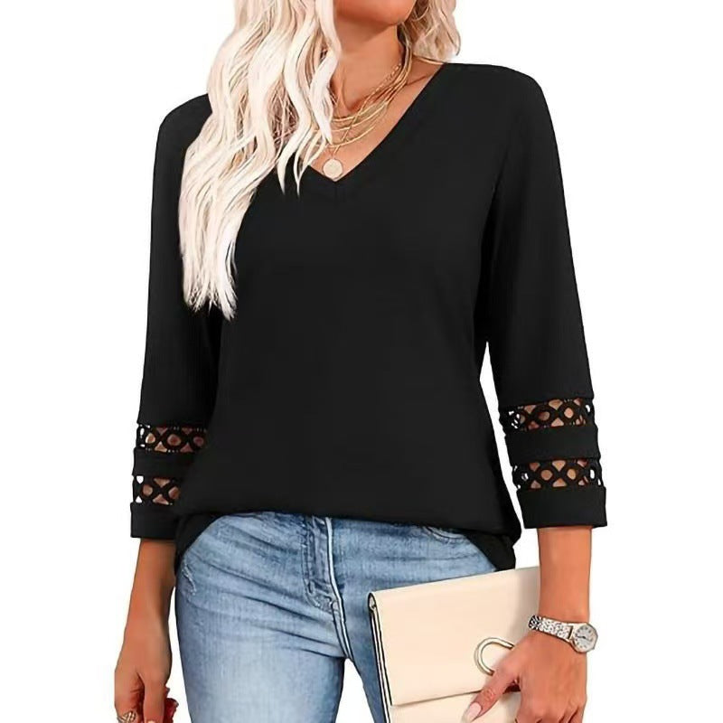 Crochet Sleeve Trim V Neck Shirt - black