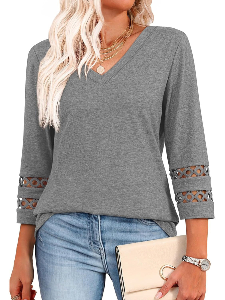 Crochet Sleeve Trim V Neck Shirt - grey