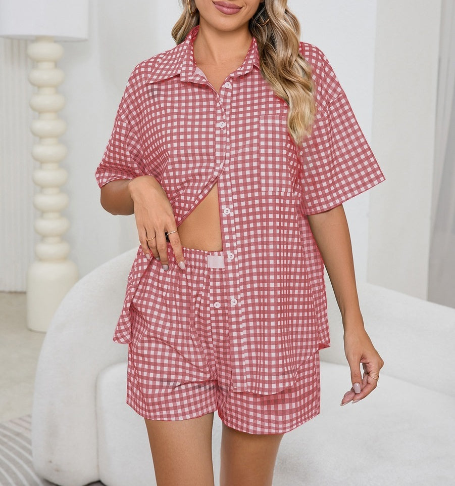 Gingham Short Sleeve Shirt And Shorts Set - red