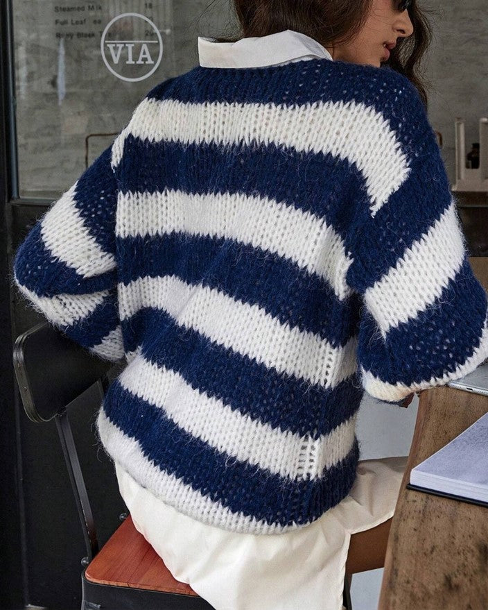 Bold Stripe Brushed Slouchy Knit Sweater - Blue - 2