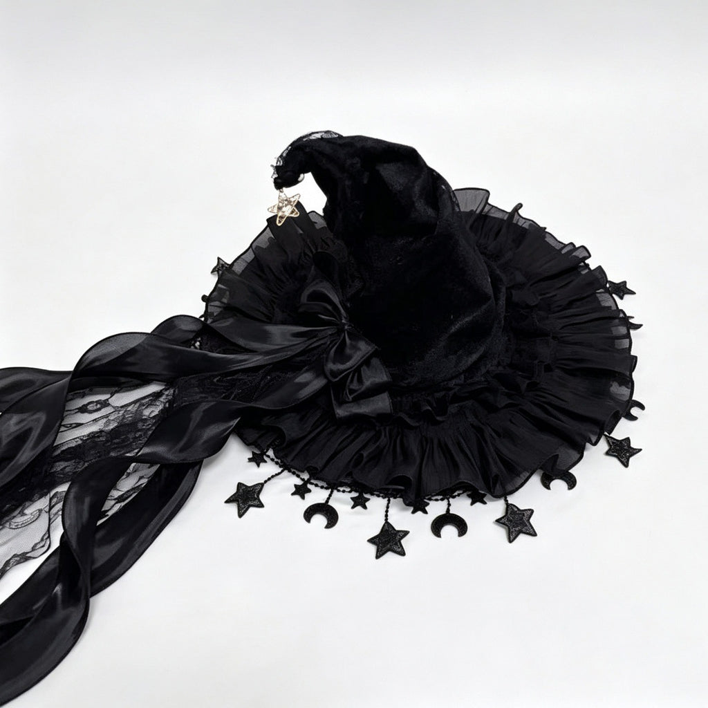 Velvet Witch Hat With Star And Moon Charms - Black