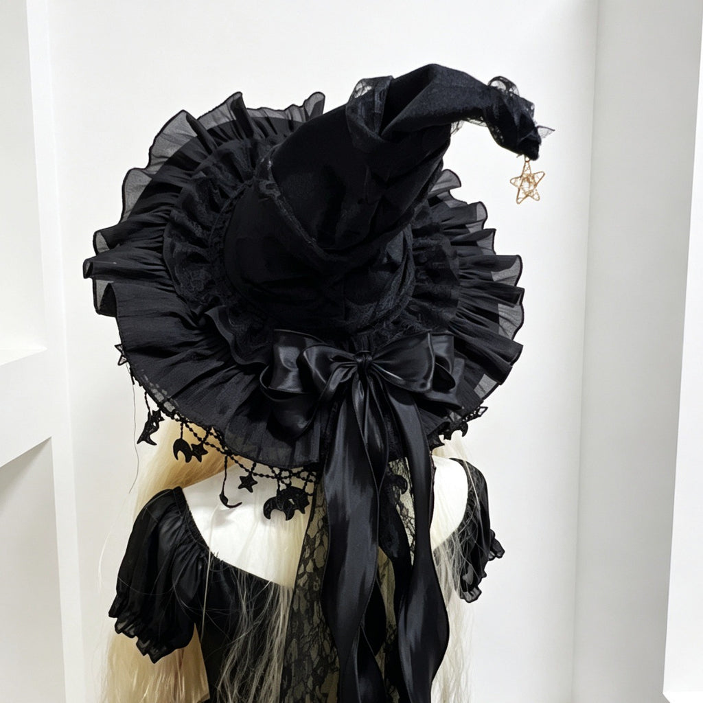 Velvet Witch Hat With Star And Moon Charms - Black - 1