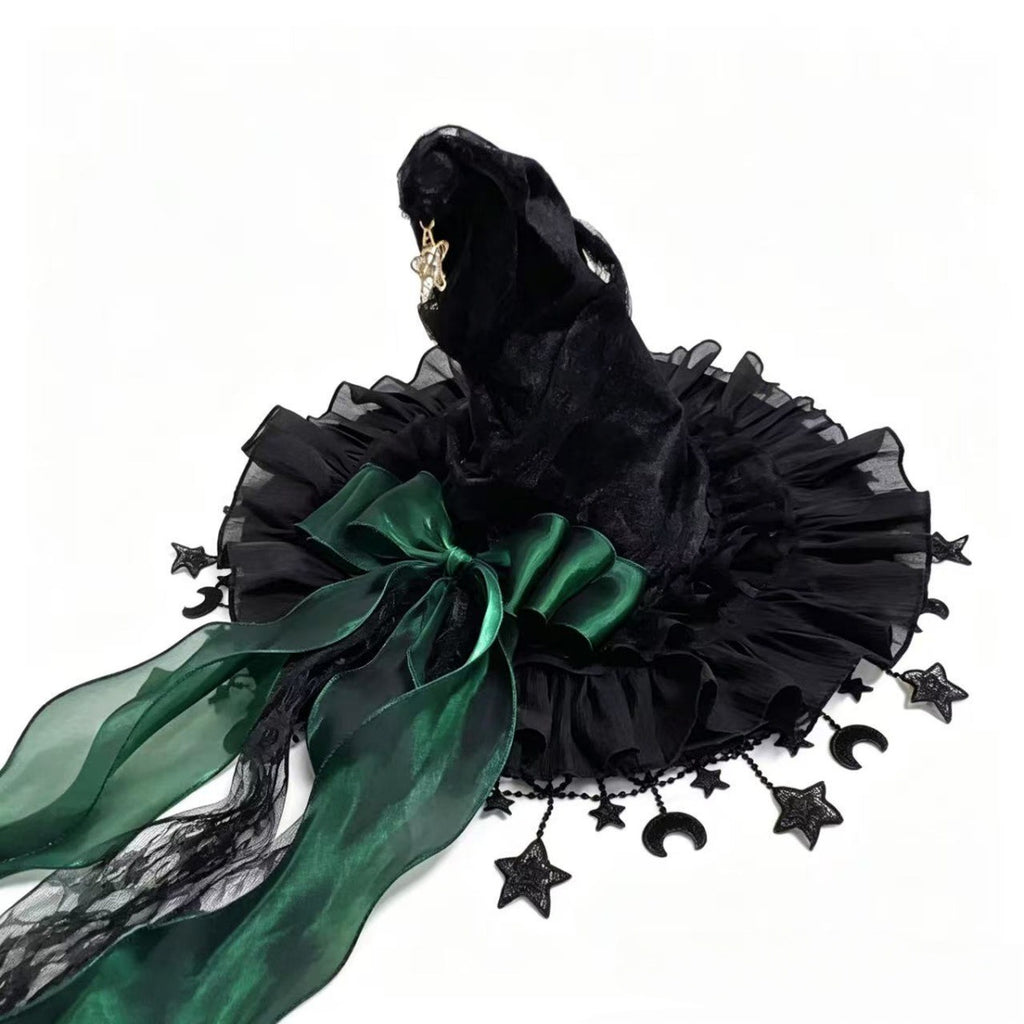 Velvet Witch Hat With Star And Moon Charms - Green