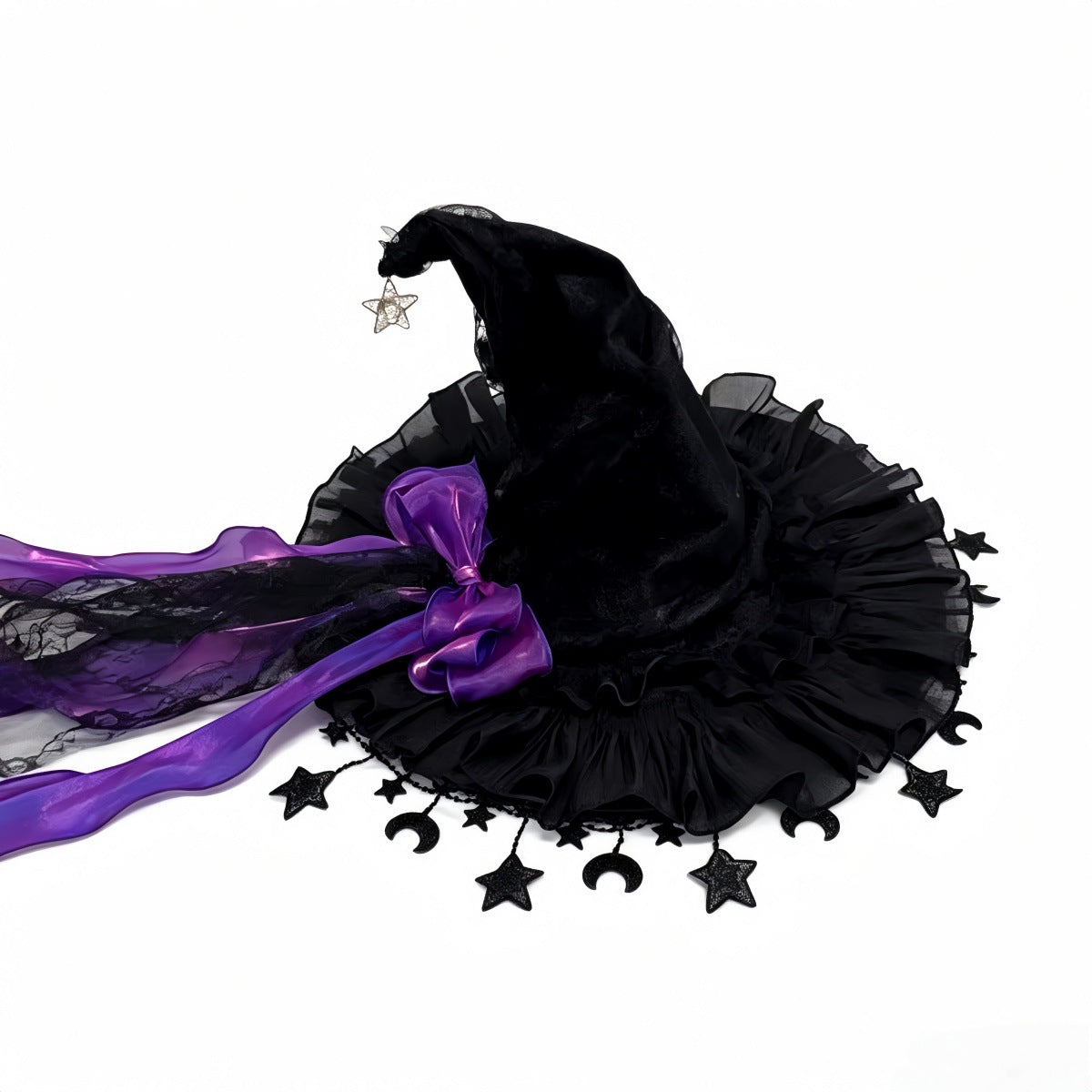 Velvet Witch Hat With Star And Moon Charms - Purple