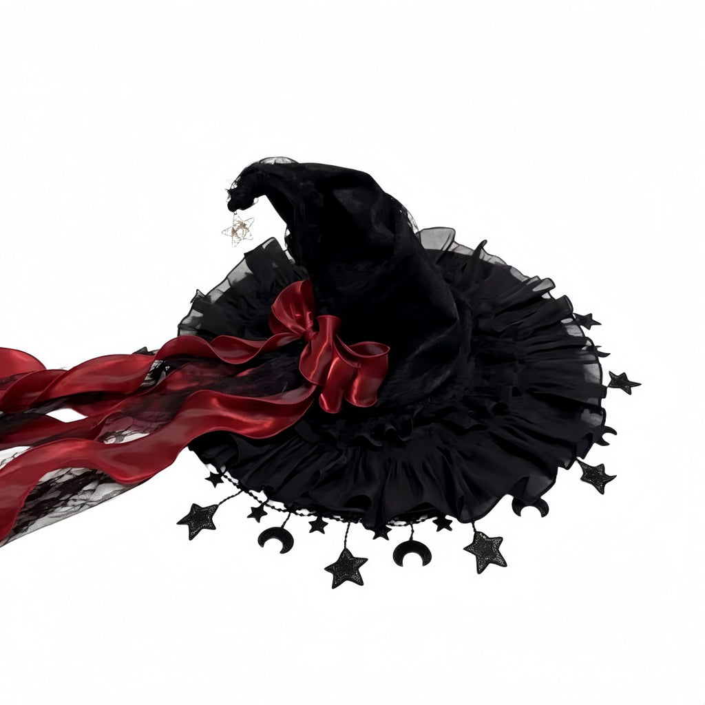 Velvet Witch Hat With Star And Moon Charms - Red