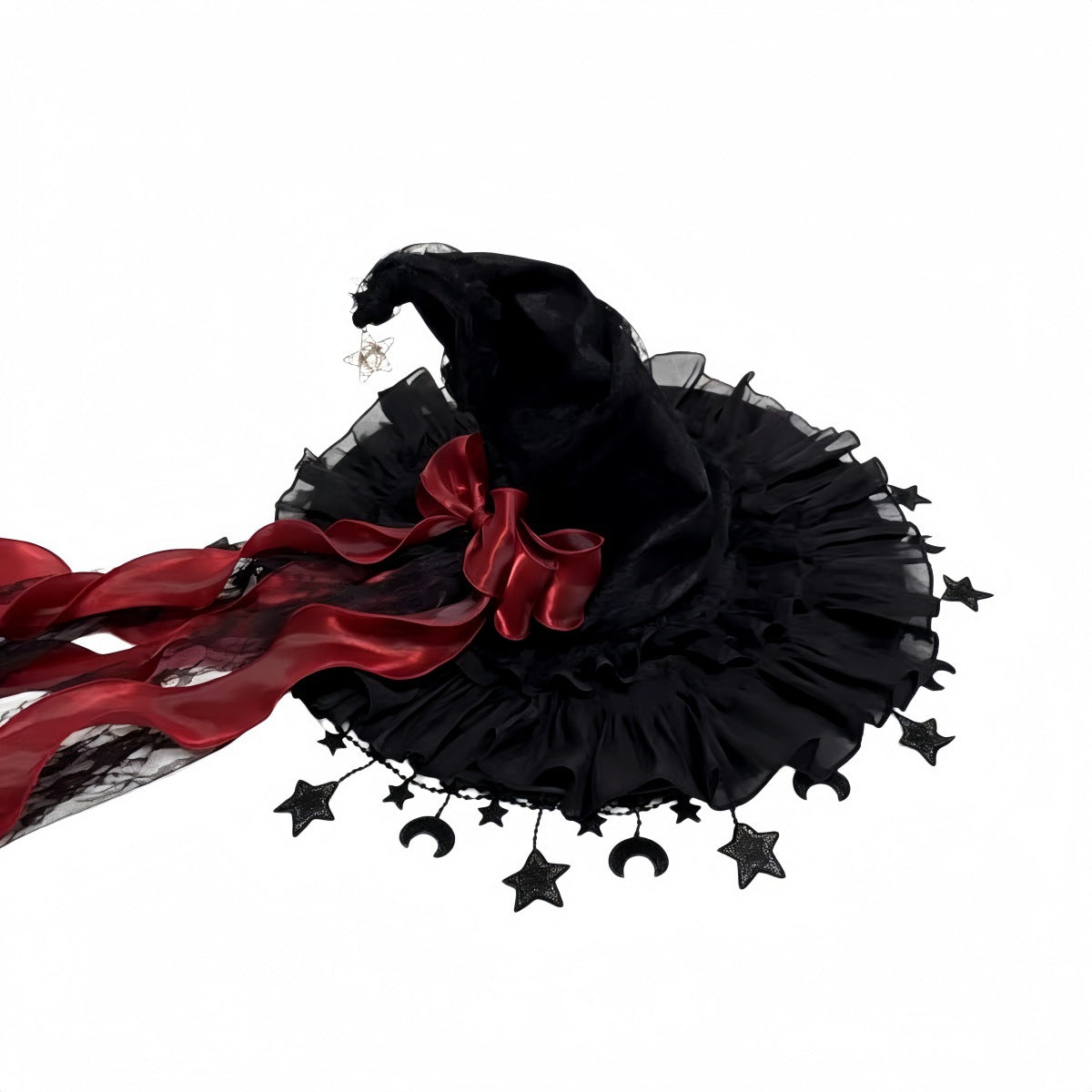 Velvet Witch Hat With Star And Moon Charms - Red