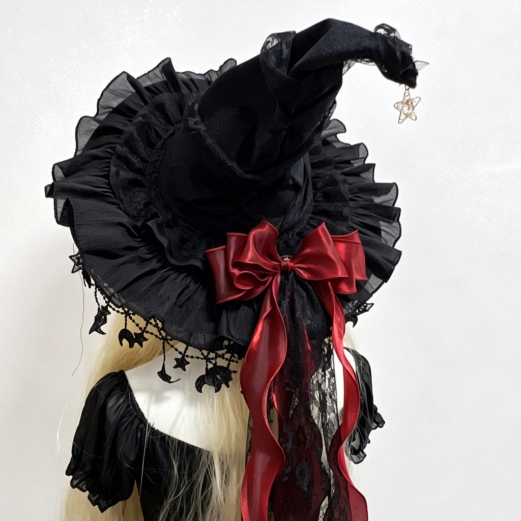Velvet Witch Hat With Star And Moon Charms - Red - 1