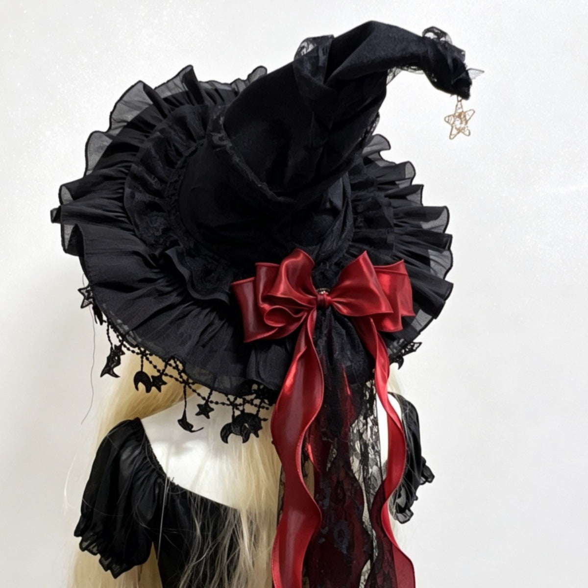 Velvet Witch Hat With Star And Moon Charms - Red - 1