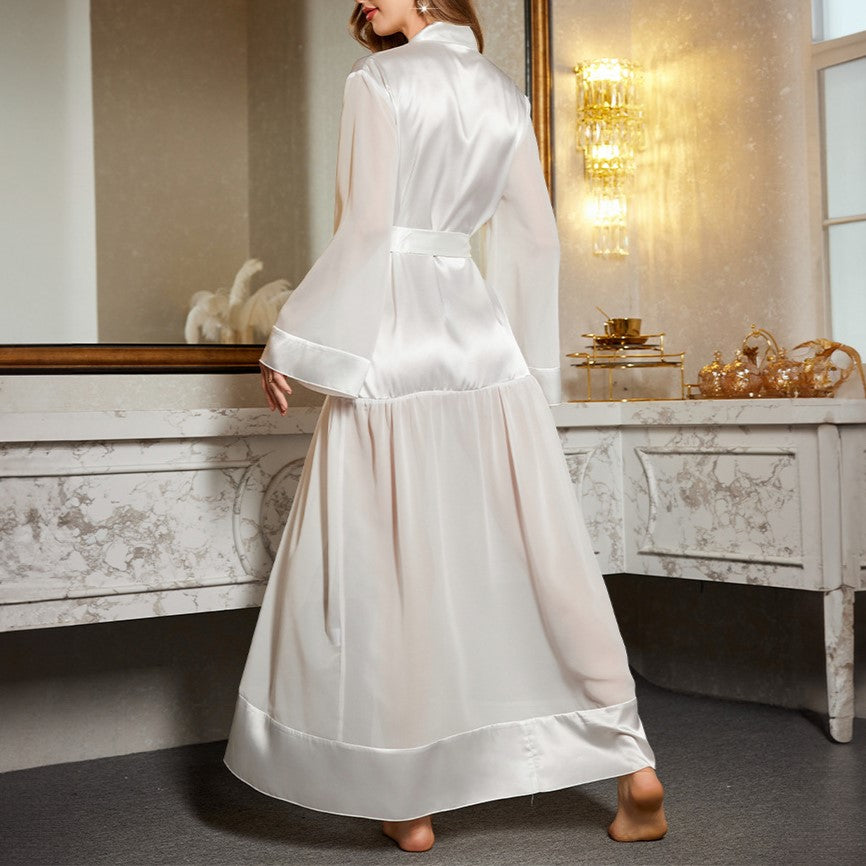 Mesh Panel Long Dressing Gown - White - 1