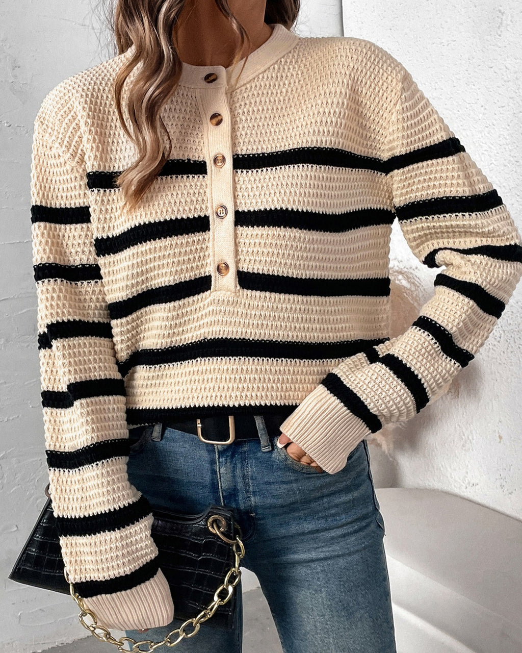 Striped Henley Button Slouchy Sweater - Apricot