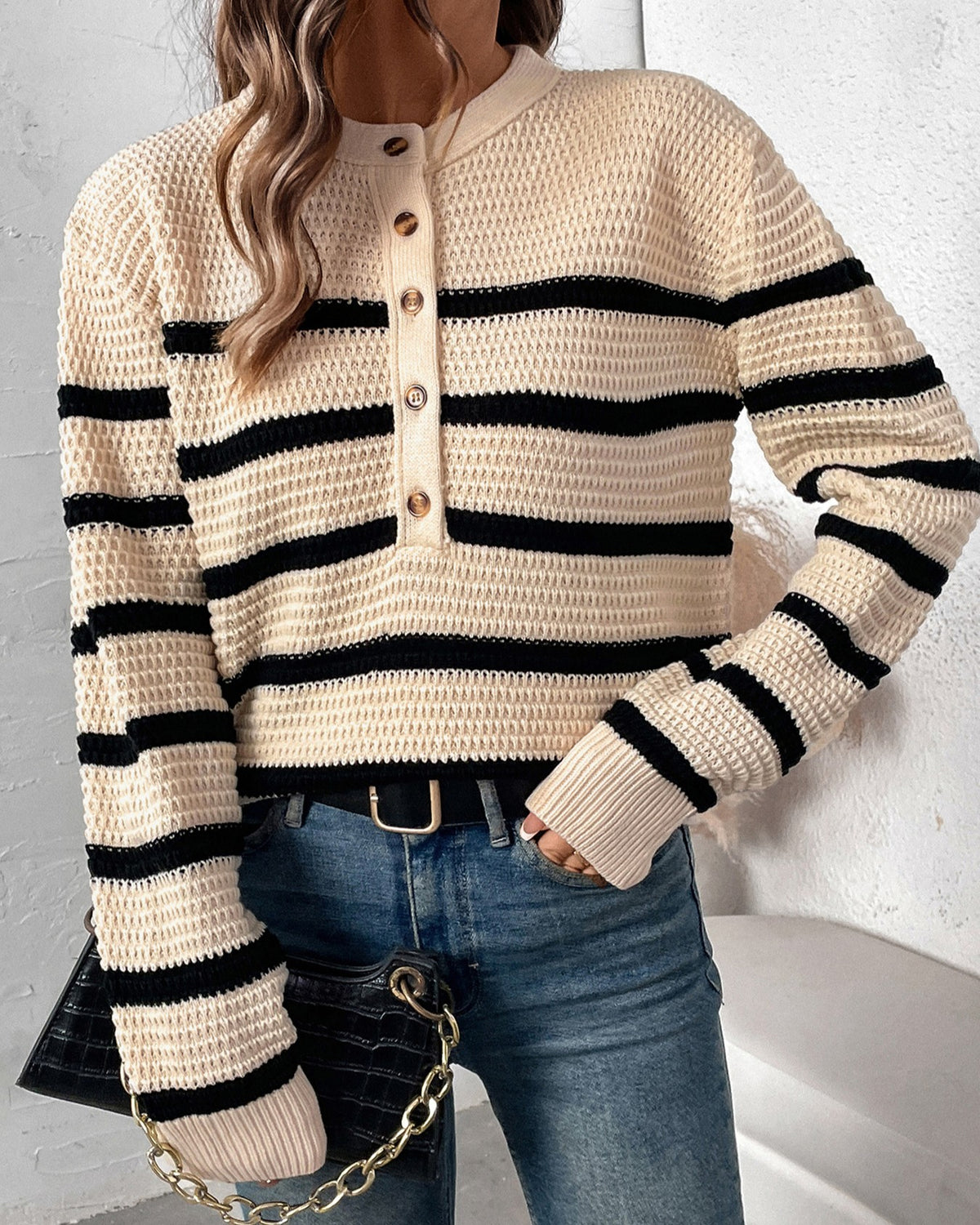 Striped Henley Button Slouchy Sweater - Apricot