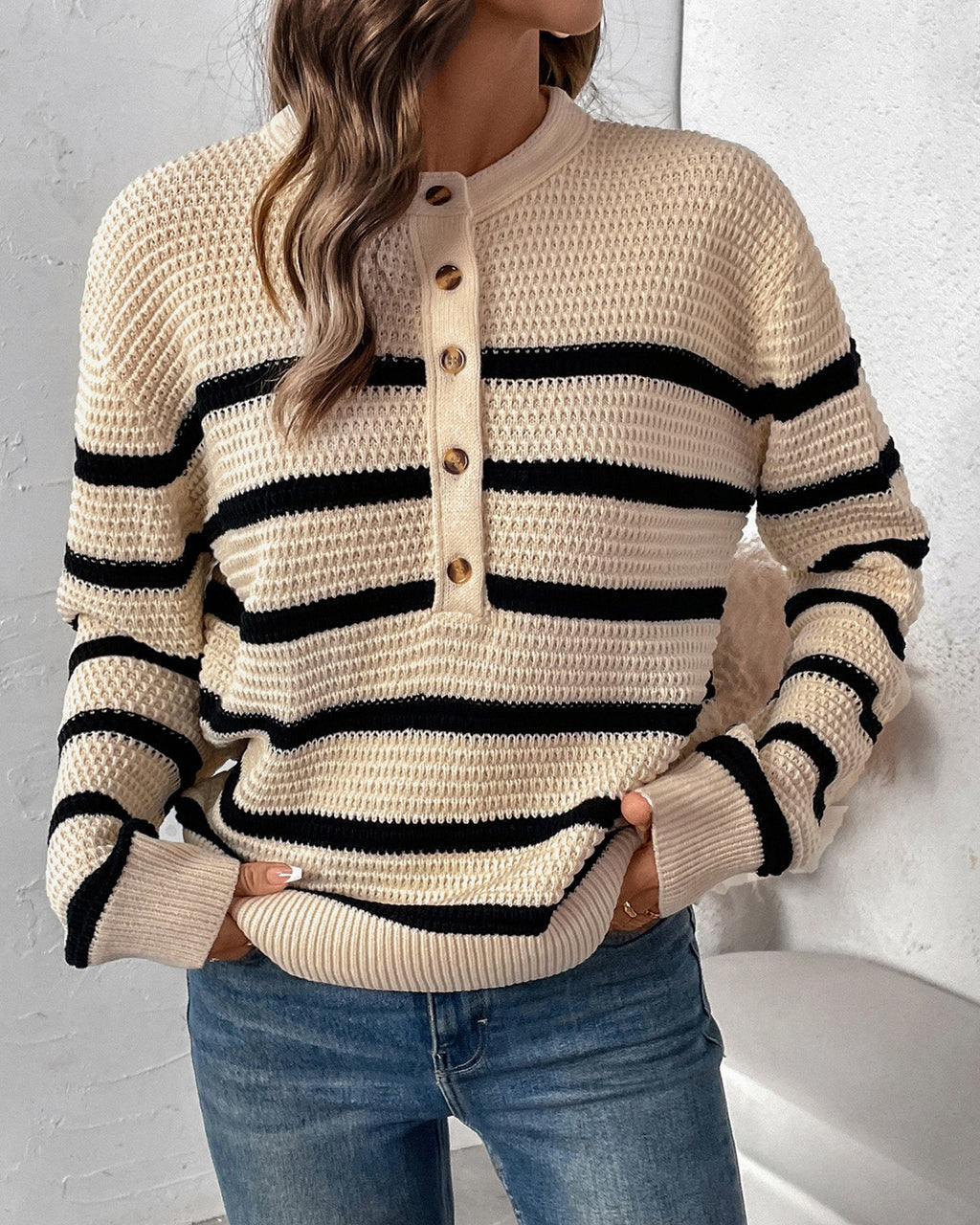 Striped Henley Button Slouchy Sweater - Apricot - 2