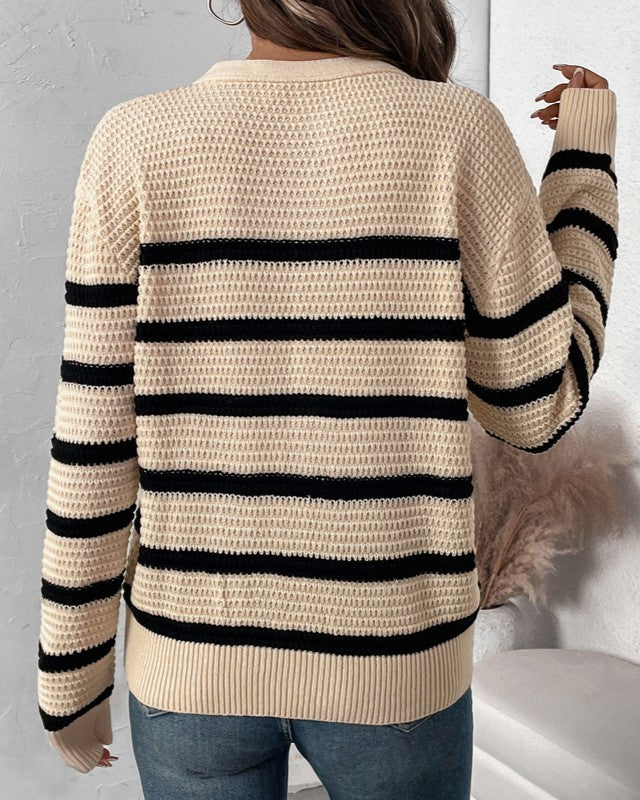 Striped Henley Button Slouchy Sweater - Apricot - 3