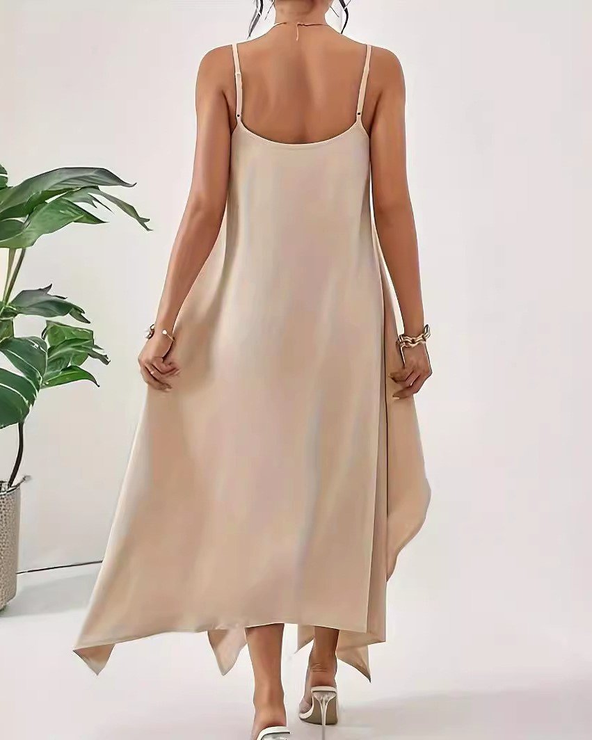 Asymmetric Hem Cami Slip Maxi Dress - Apricot