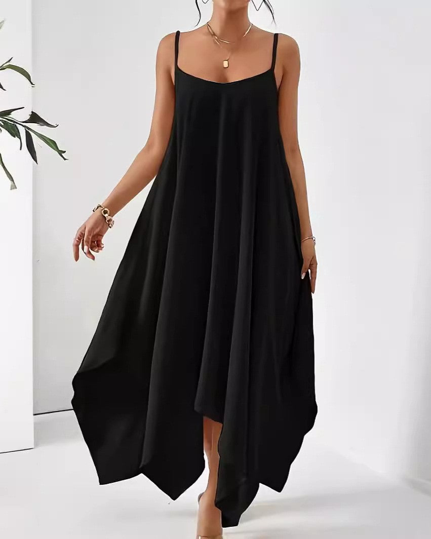 Asymmetric Hem Cami Slip Maxi Dress - Black