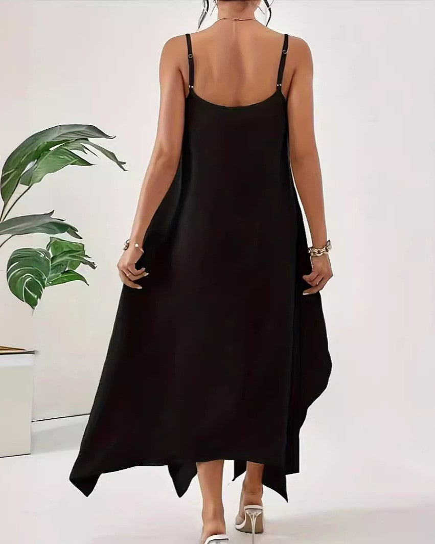 Asymmetric Hem Cami Slip Maxi Dress - Black - 1
