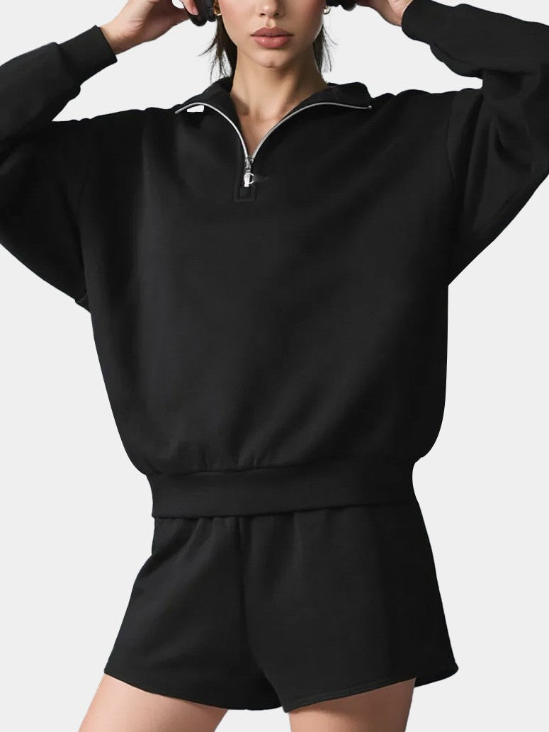 Cozy Half Zip Pullover Sweatshirt and Shorts - BlackTop