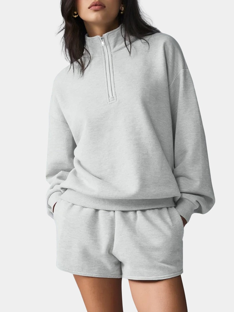 Cozy Half Zip Pullover Sweatshirt and Shorts - GreyTop