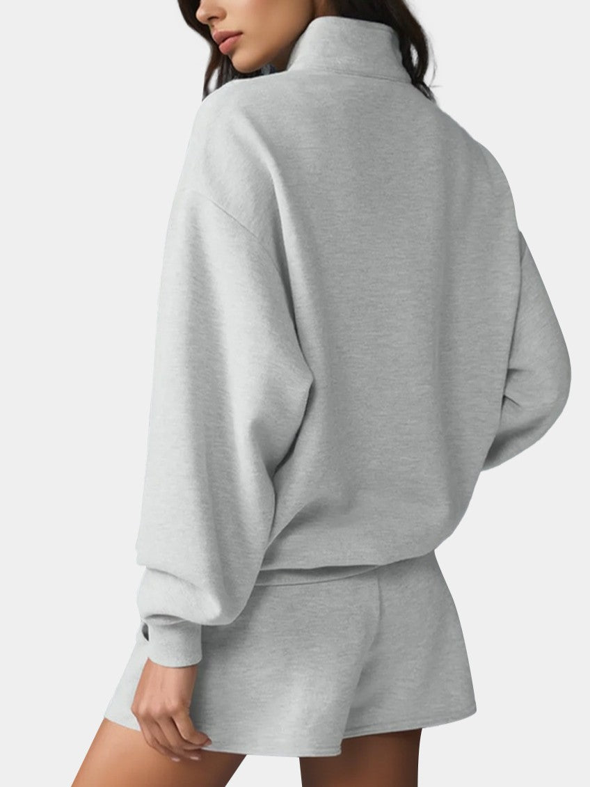 Cozy Half Zip Pullover Sweatshirt and Shorts - GreyTop - 1