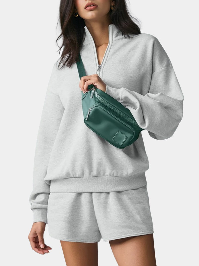 Cozy Half Zip Pullover Sweatshirt and Shorts - GreyTop - 3