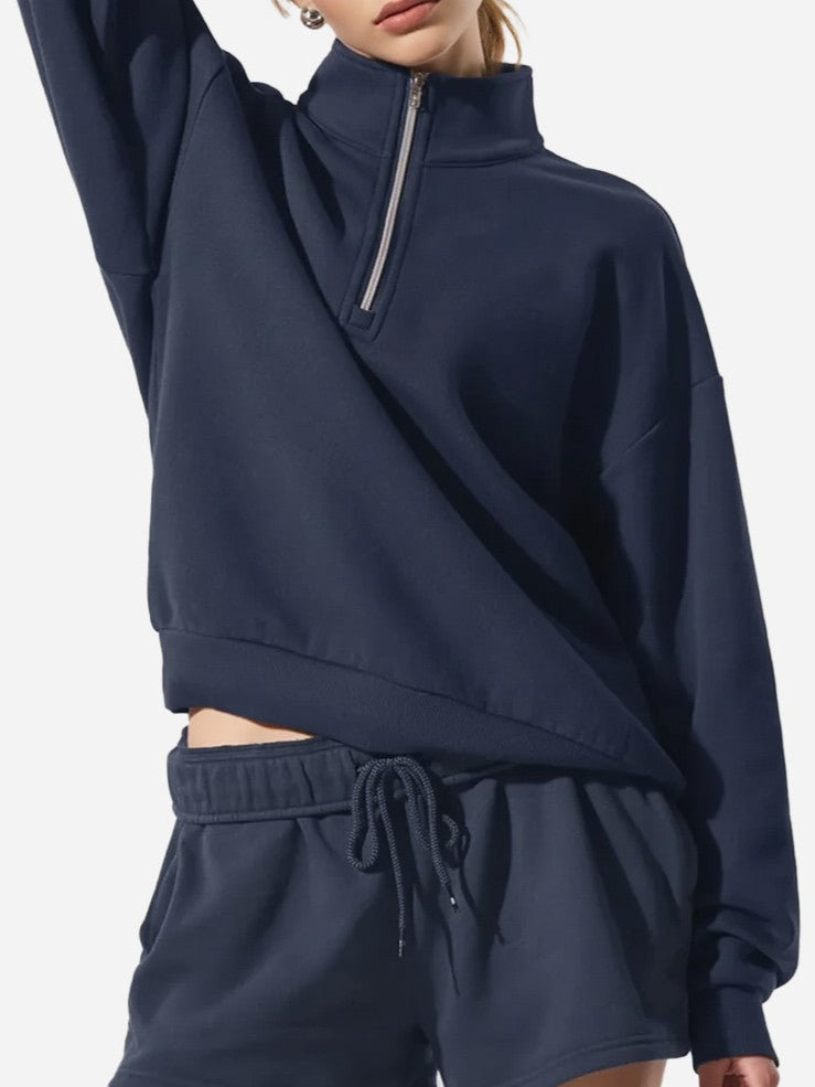 Cozy Half Zip Pullover Sweatshirt and Shorts - NavyTop
