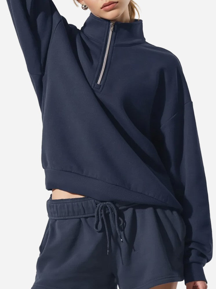 Cozy Half Zip Pullover Sweatshirt and Shorts - NavyTop - 1
