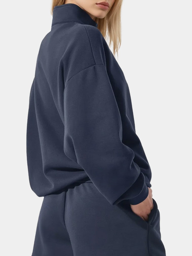 Cozy Half Zip Pullover Sweatshirt and Shorts - NavyTop - 2