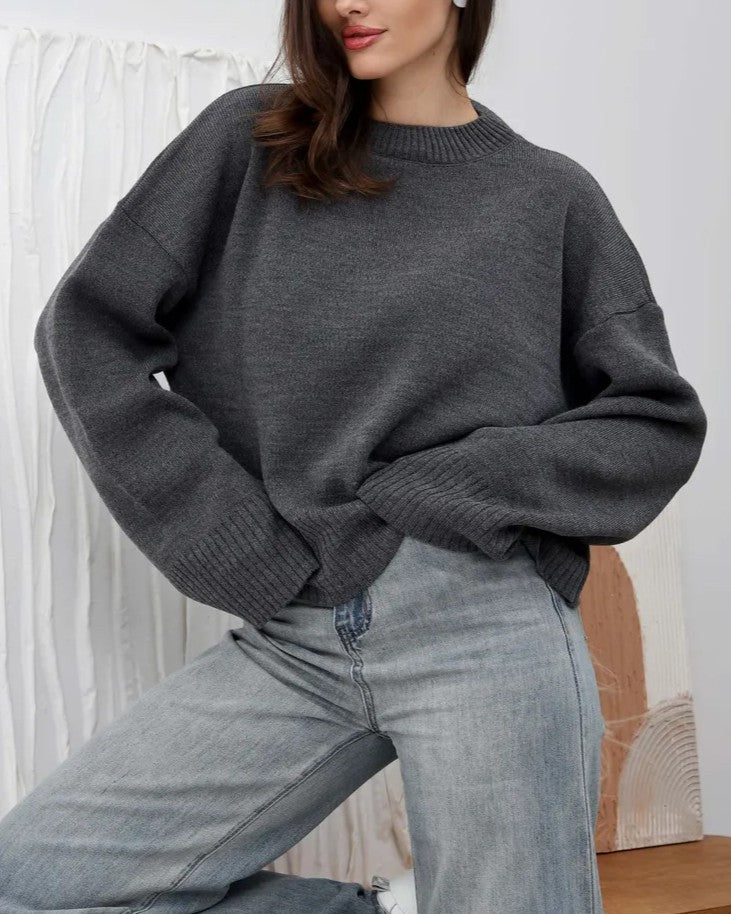 Oversized Drop Shoulder Wide Cuff Sweater - Dark-Gray