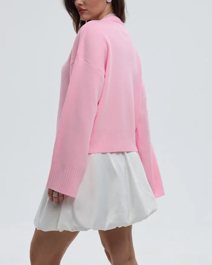 Oversized Drop Shoulder Wide Cuff Sweater - Pink - 2