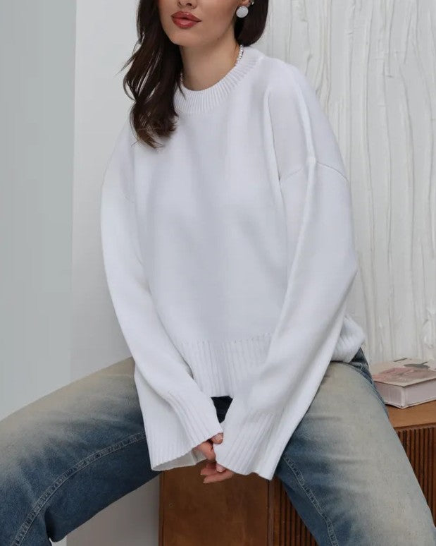 Oversized Drop Shoulder Wide Cuff Sweater - White