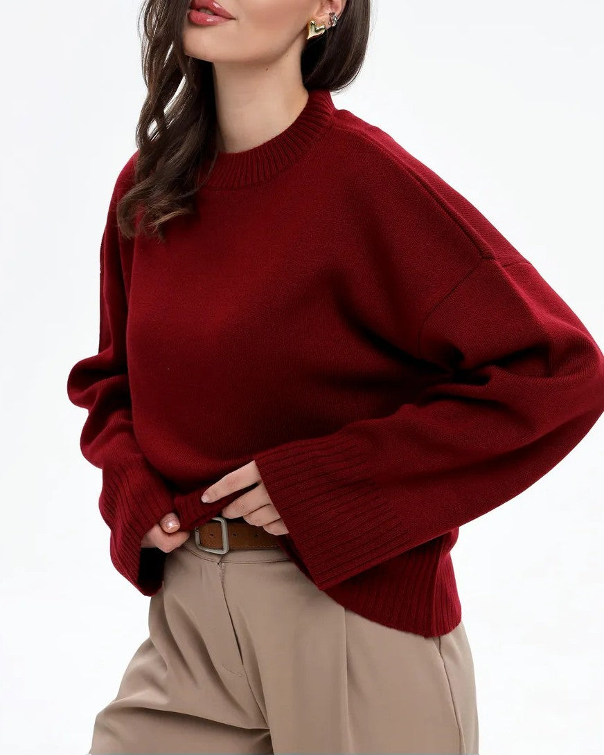 Oversized Drop Shoulder Wide Cuff Sweater - Wine-Red