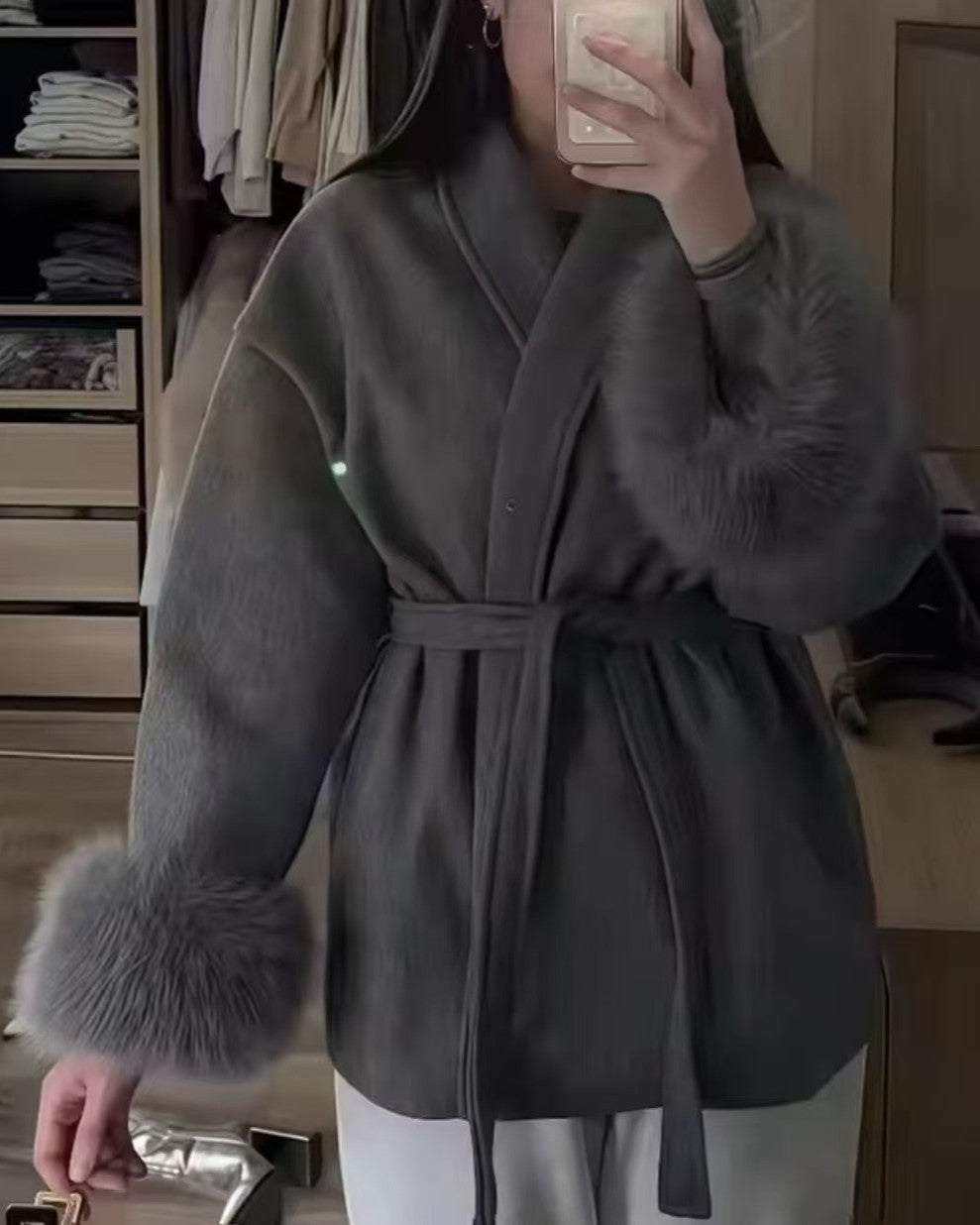 Shawl Collar Wrap Coat With Fur Cuffs - Grey