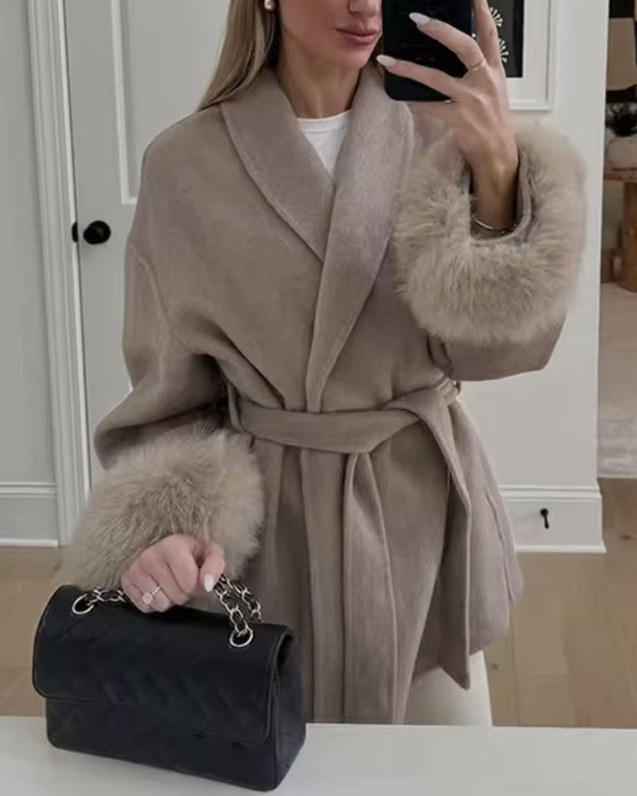 Shawl Collar Wrap Coat With Fur Cuffs - Khaki