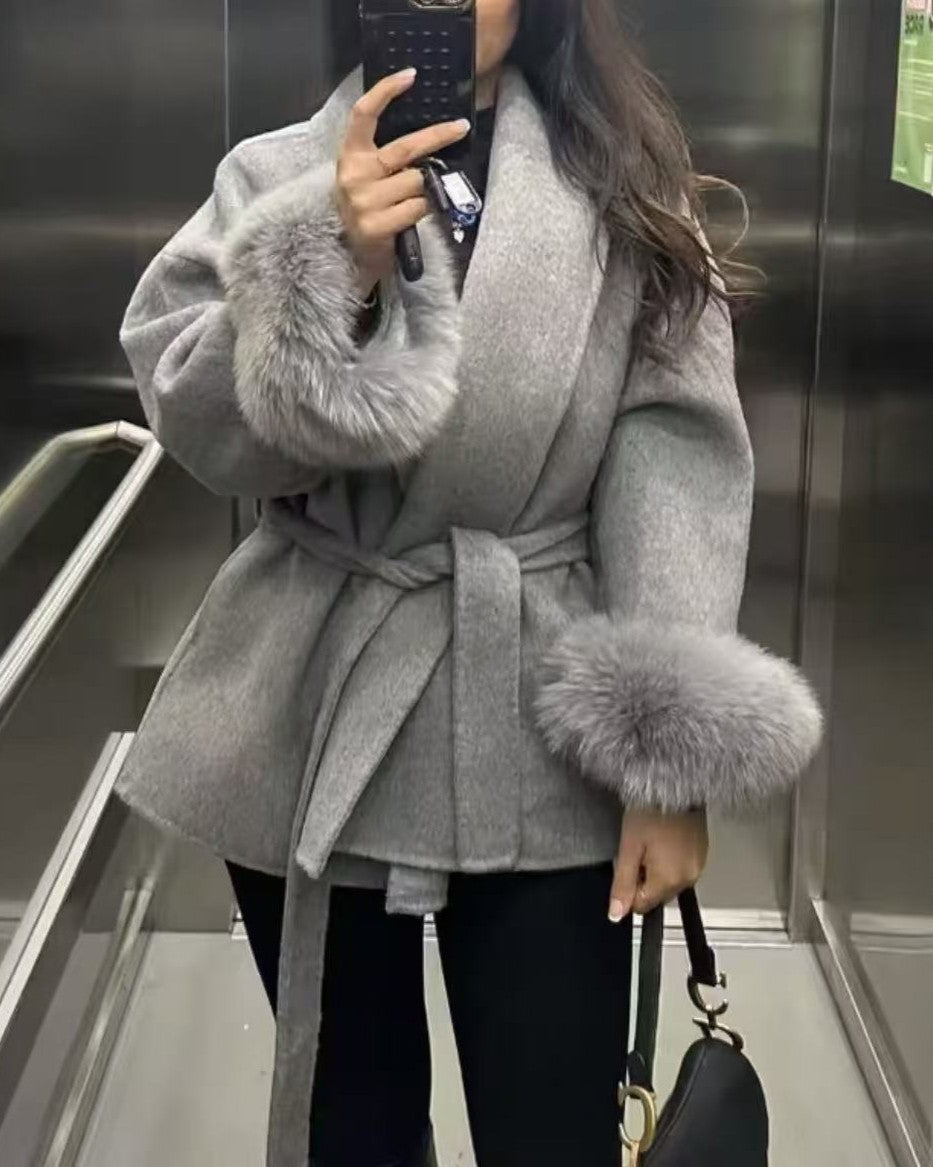 Shawl Collar Wrap Coat With Fur Cuffs - Light-Gray