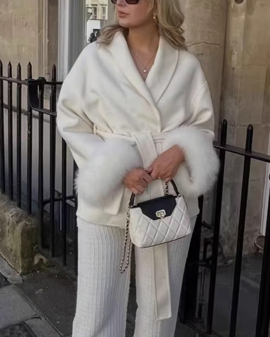 Shawl Collar Wrap Coat With Fur Cuffs - White