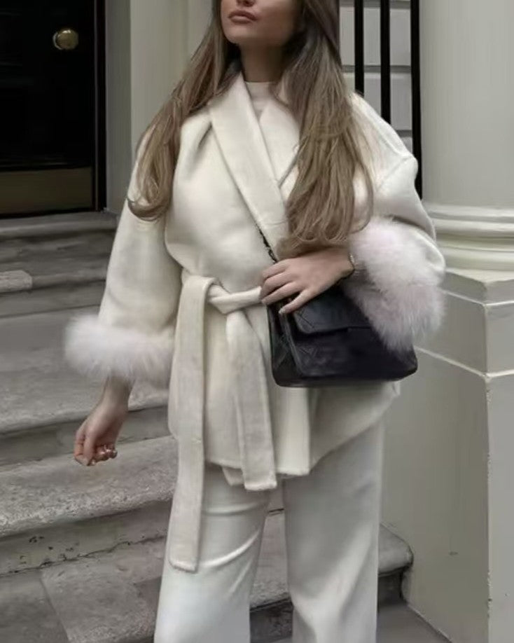 Shawl Collar Wrap Coat With Fur Cuffs - White - 1