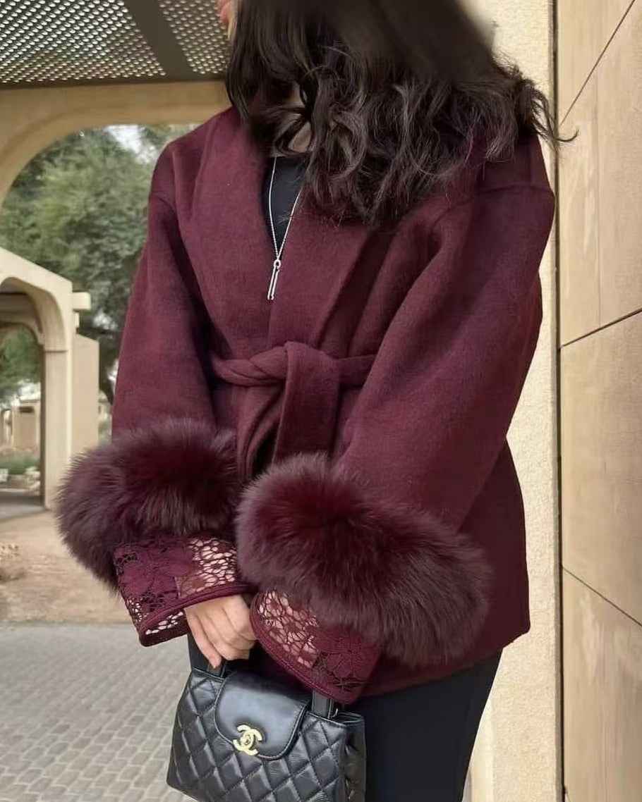 Shawl Collar Wrap Coat With Fur Cuffs - Wine-Red