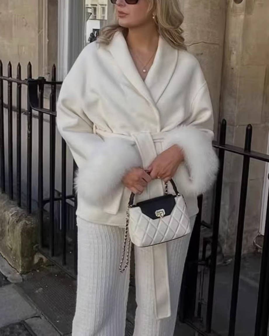 Shawl Collar Wrap Coat With Fur Cuffs