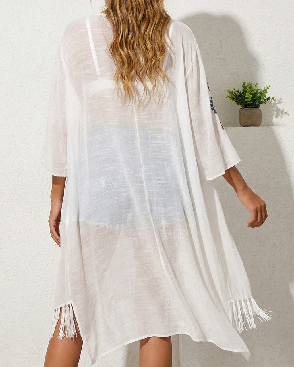 Floral Embroidered Tassel Trim Beach Cover Up - White - 3