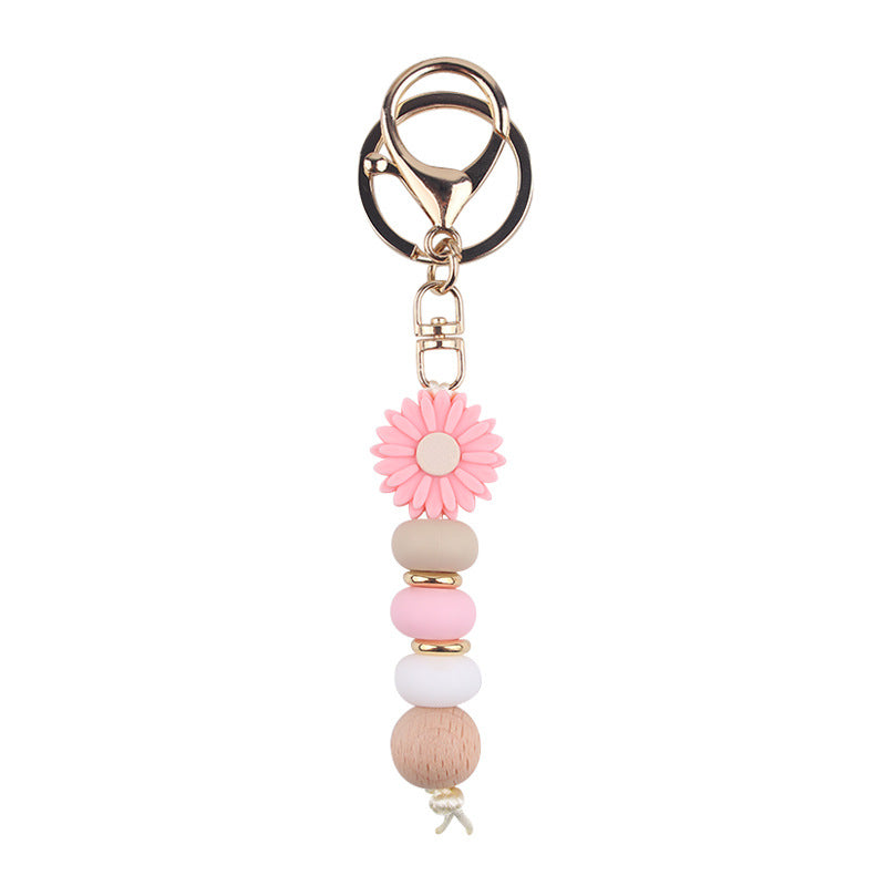 Daisy Silicone Bead Bag Charm, Boho Keyring - Pink