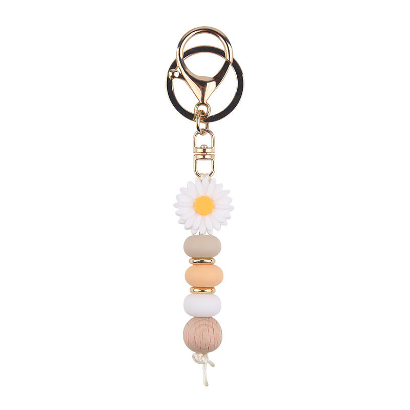 Daisy Silicone Bead Bag Charm, Boho Keyring - Cream