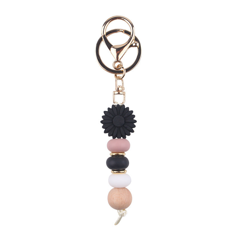 Daisy Silicone Bead Bag Charm, Boho Keyring - Black