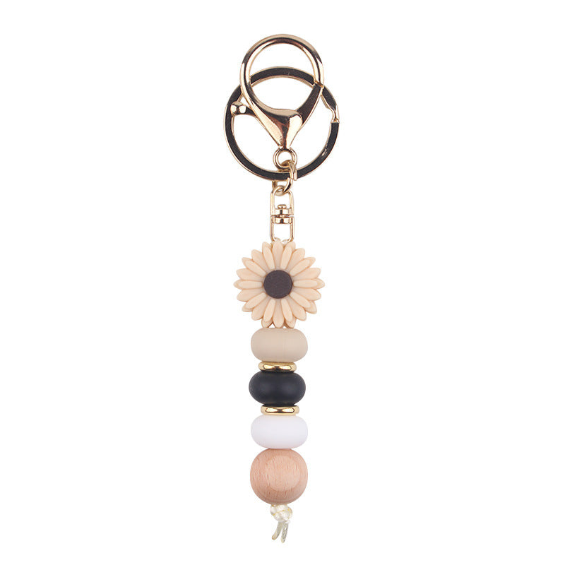 Daisy Silicone Bead Bag Charm, Boho Keyring - Tan