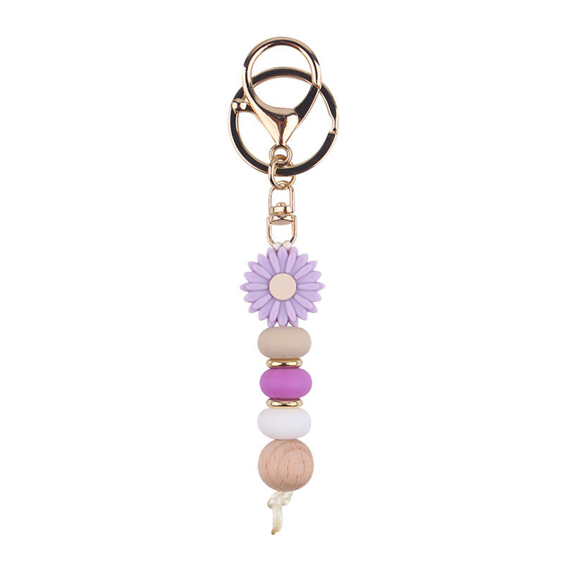 Daisy Silicone Bead Bag Charm, Boho Keyring - Purple