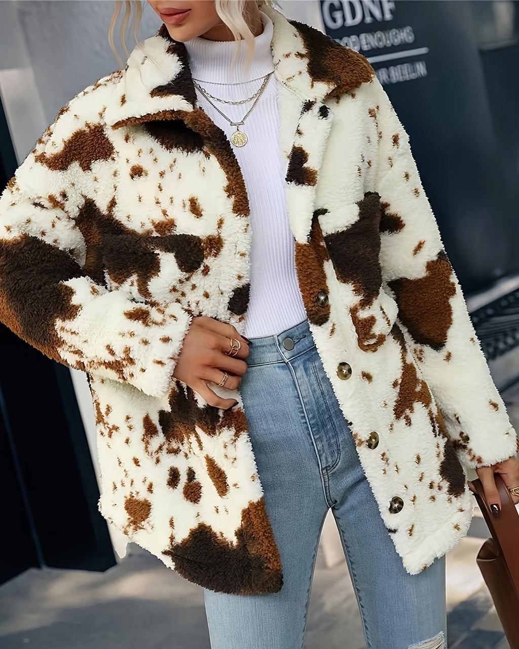 Cow Print Faux Fur Pocket Coat - Coffee