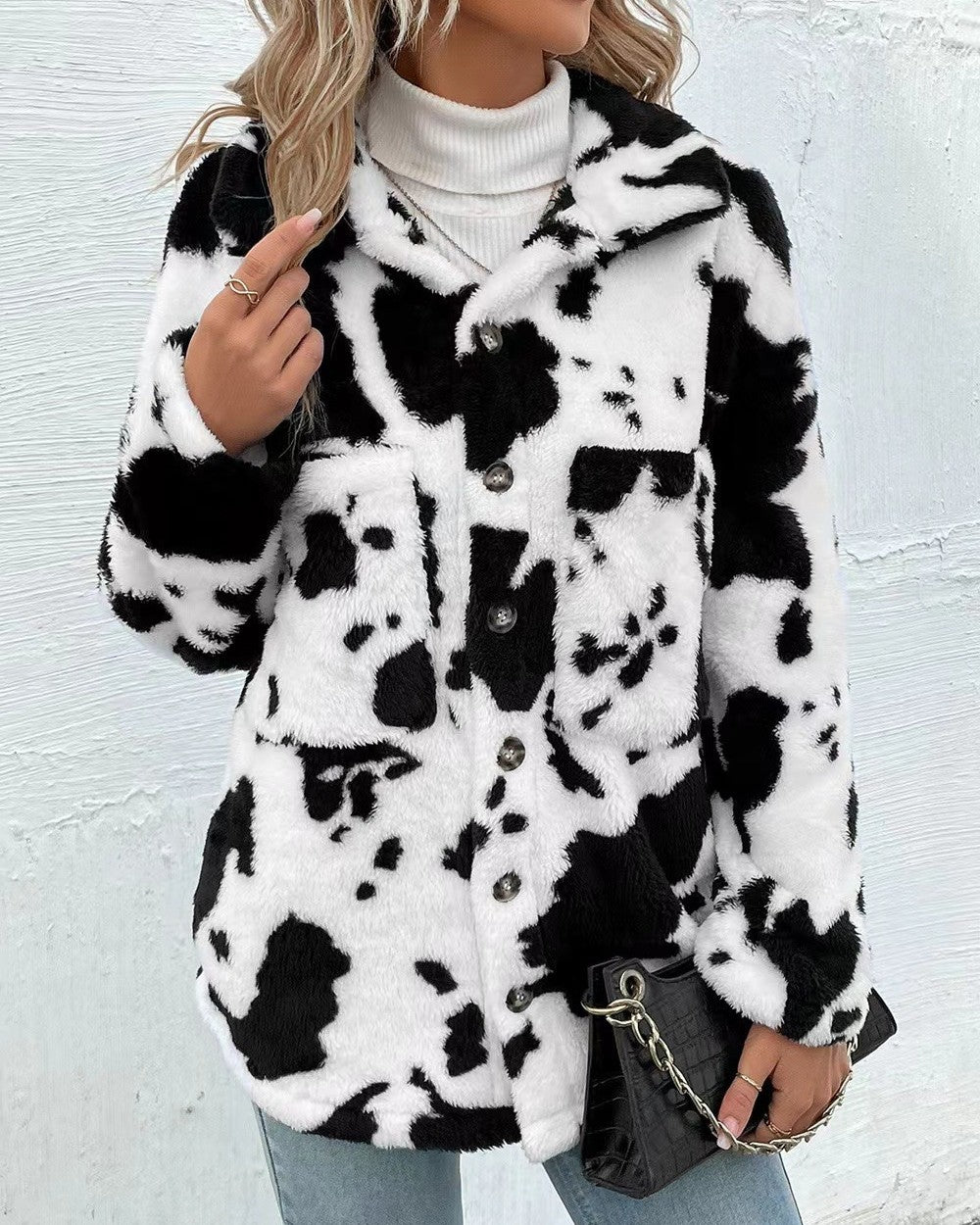 Cow Print Faux Fur Pocket Coat - White