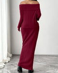 Off Shoulder Rib Knit Top and Maxi Skirt Set - Wine-Red