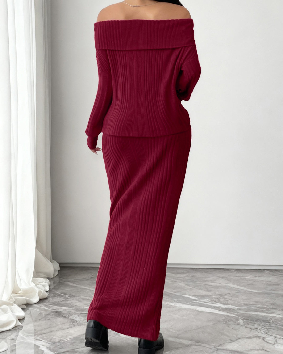 Off Shoulder Rib Knit Top and Maxi Skirt Set - Wine-Red