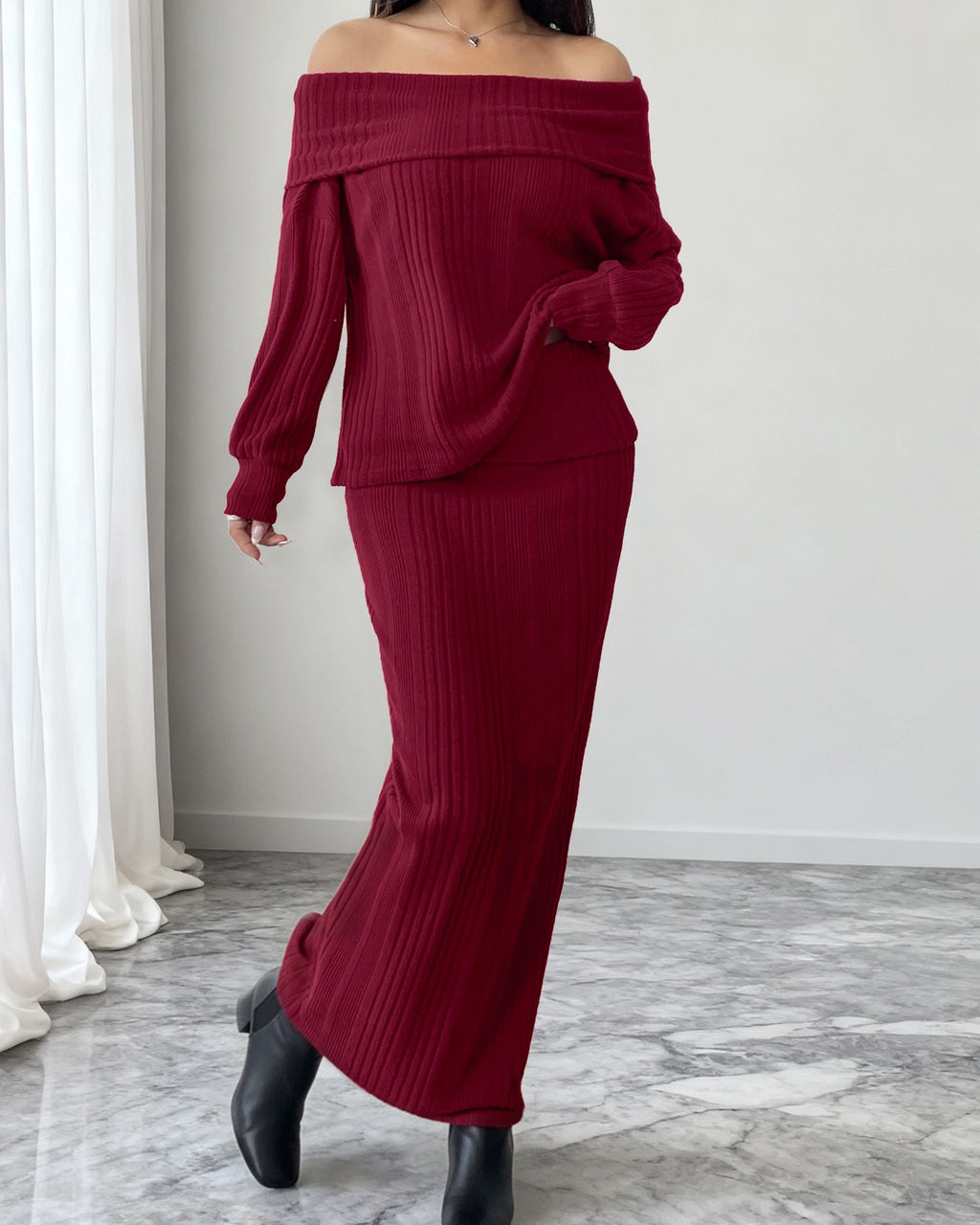 Off Shoulder Rib Knit Top and Maxi Skirt Set - Wine-Red - 1